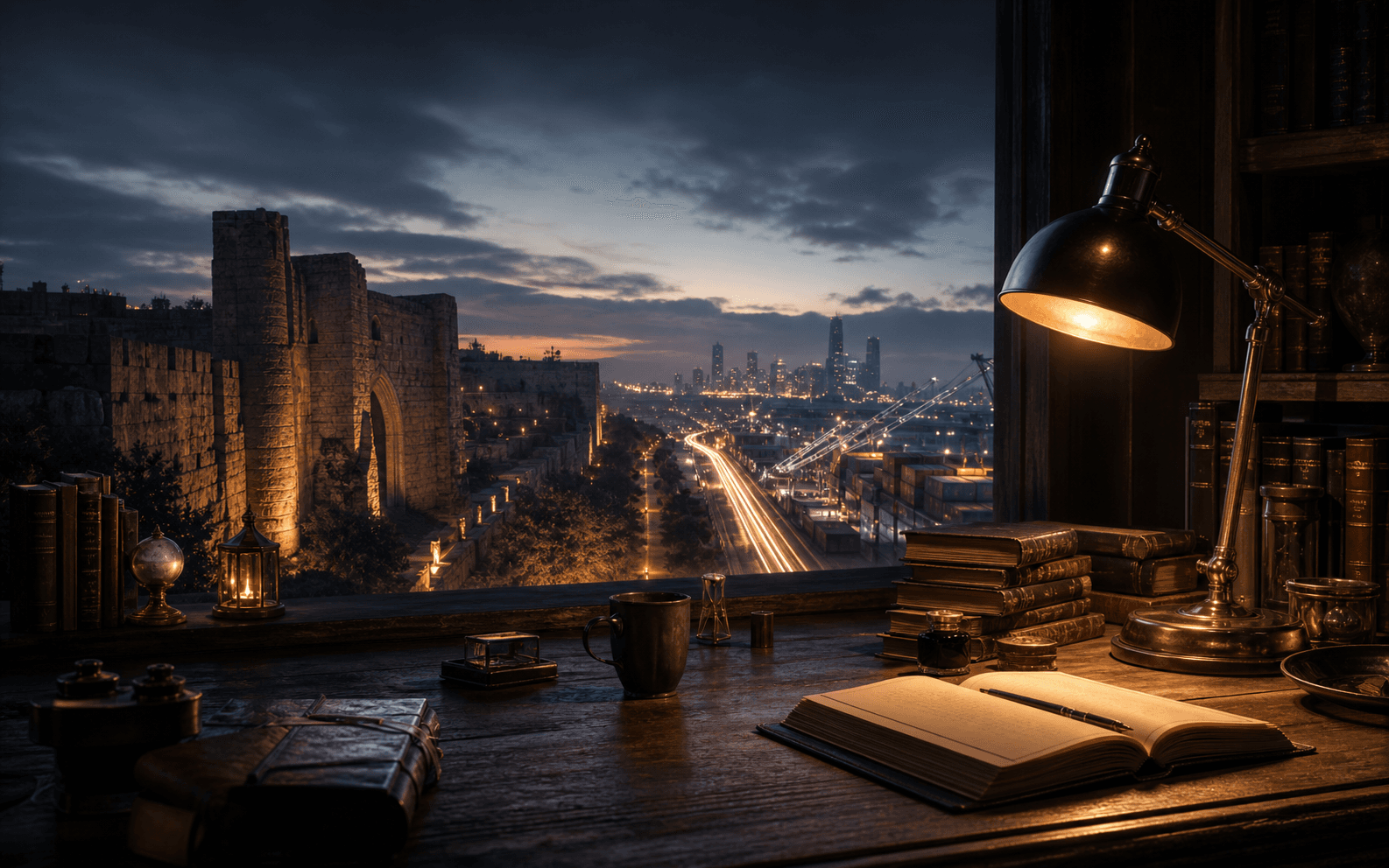 An author desk overlooking ancient walls and a modern city